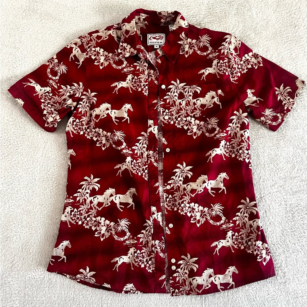 Roper Hawaiian Shirt Women's Size M Red S/S Palm Trees & Horses Cotton Button Up